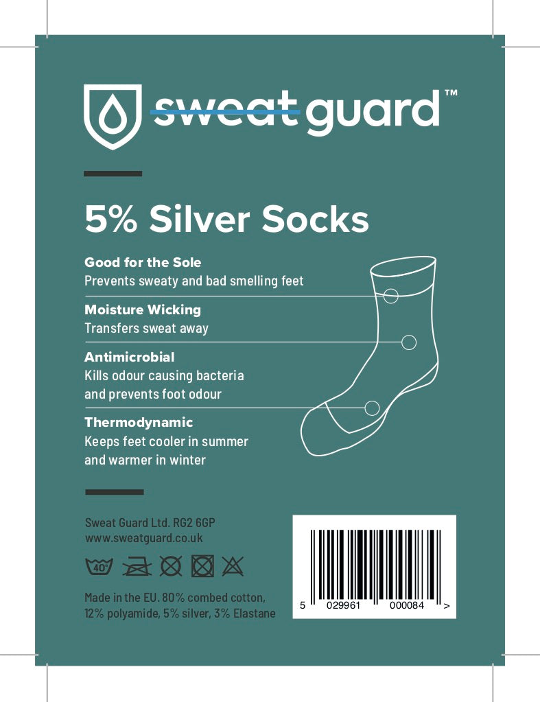 Label for a pack of a pair of silver socks to prevent sweaty and smelly feet 