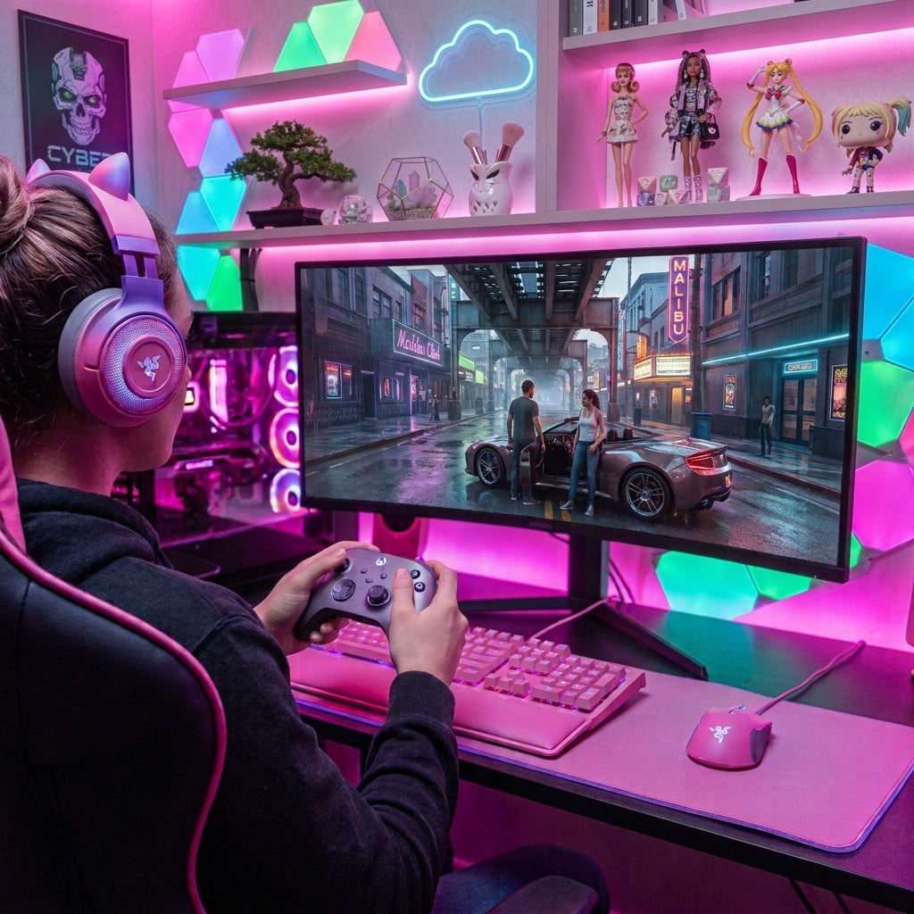 An image of a female gamer , playing a video game on a PC set up in  a pink and neon lit room. 