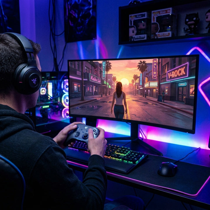 An image of a male playing a video game on a PC setup, with RGB lighting in a dark room setting,