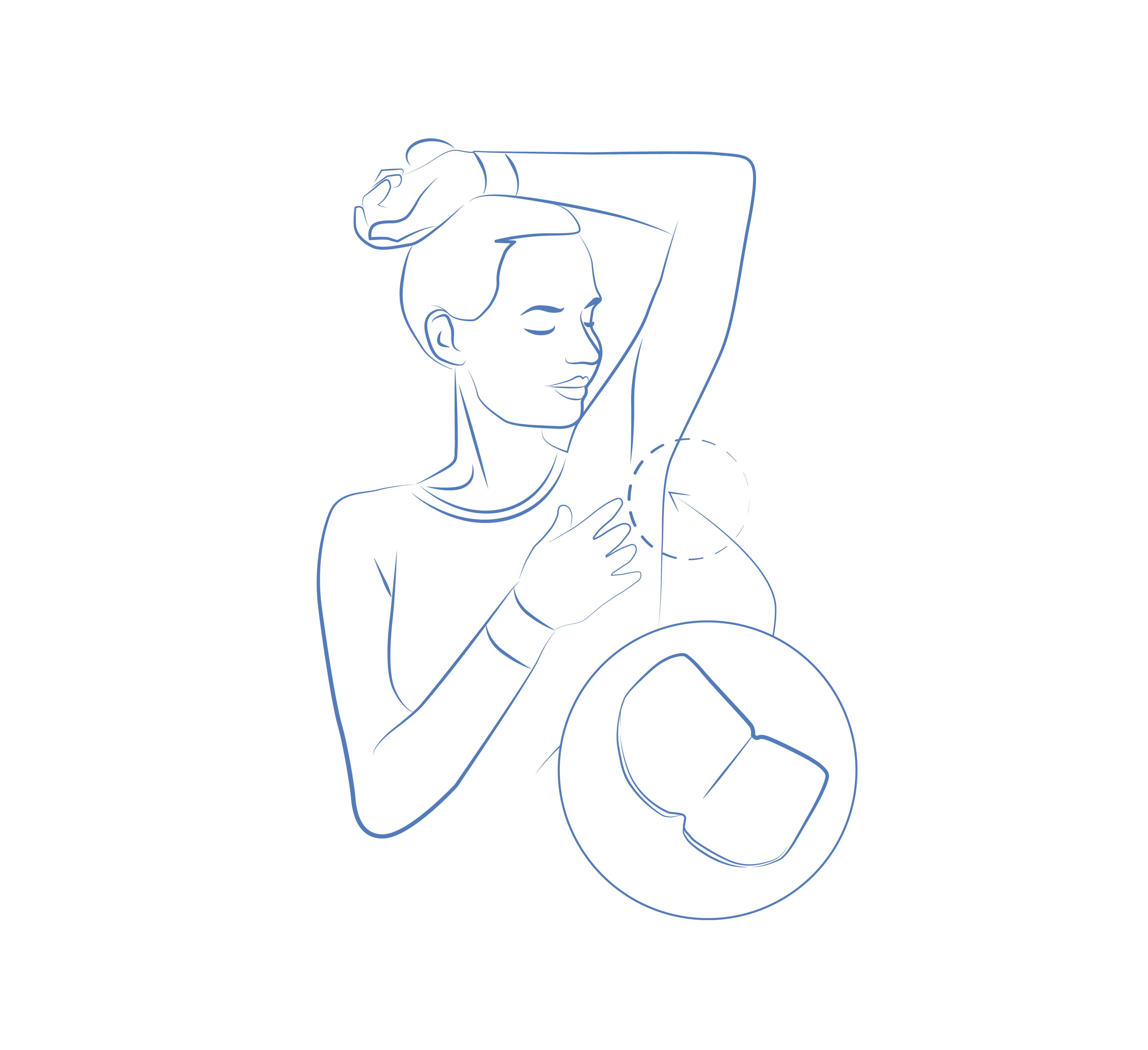Diagram of a lady with left arm raised over her head to illustrate where  to use sweat guard sweat pads 