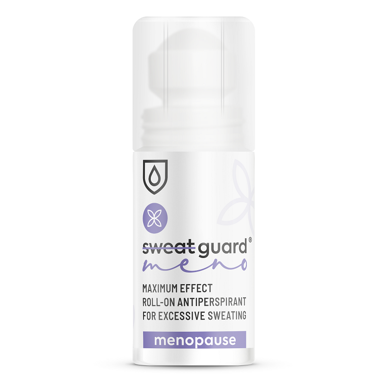 SWEAT GUARD Meno. Clinically formulated  antiperspirant for the relief of  menopause symptoms. increased sweating, hot flushes and night sweats. 